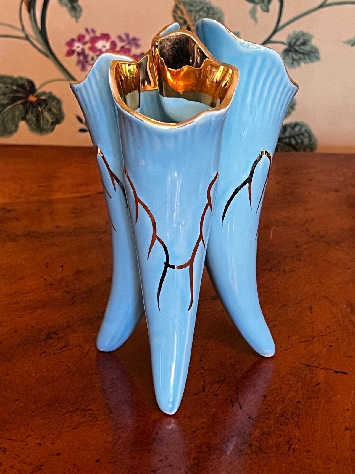 Vintage MCM Blue Triple Horn Vase Planter