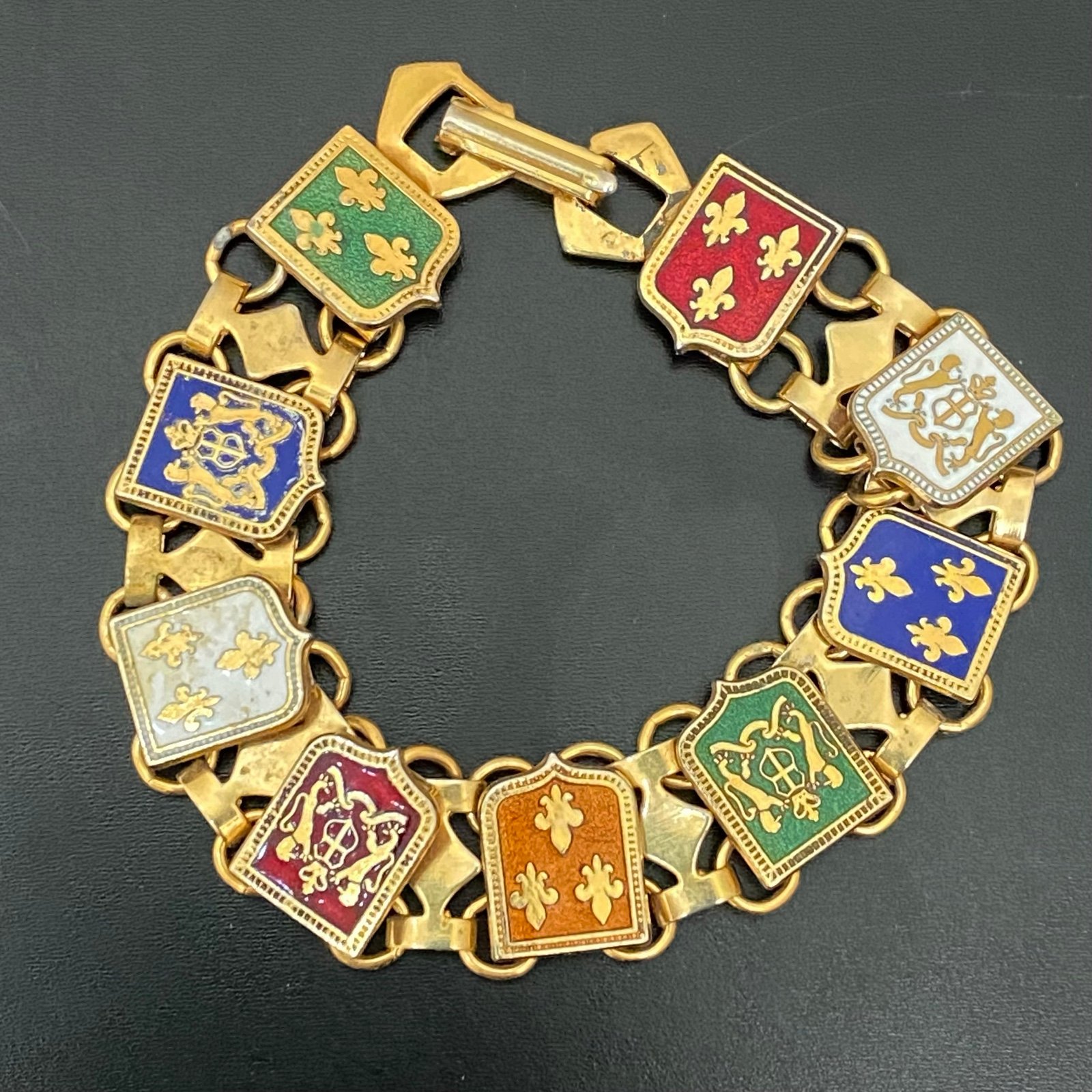 Vintage Multicolored Enamel French Fleur de Lis Coat of Arms Panel Bracelet 20g.