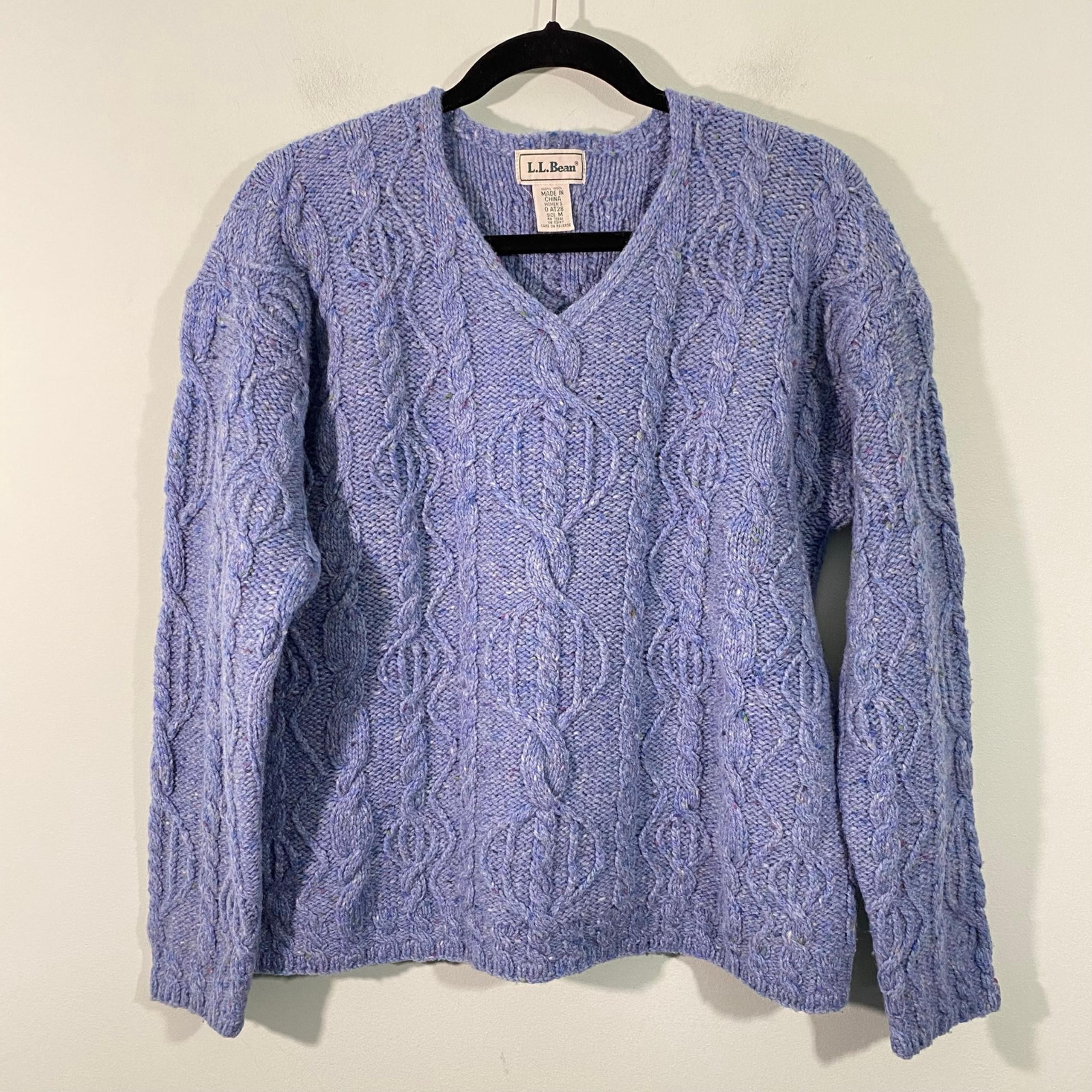 Vintage LL Bean Women's Blue Speckle Cable Knit V-neck Wool Sweater Size M
