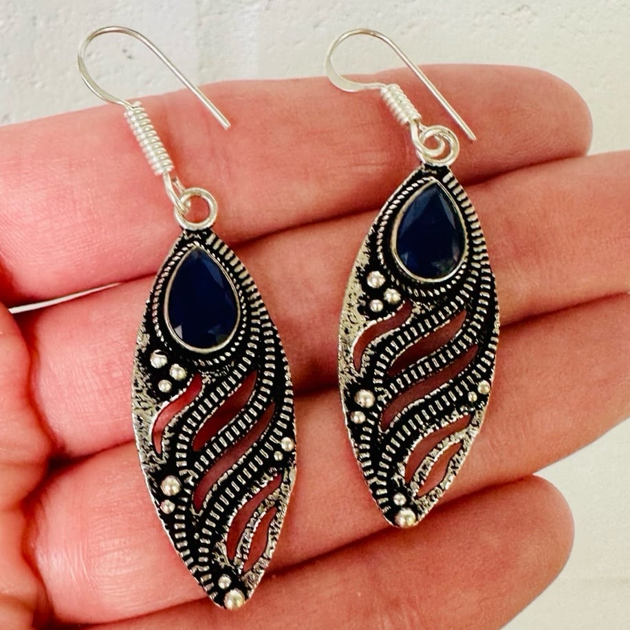 Sterling Silver 925 Long Dangle Blue Sapphire Gemstone Earrings