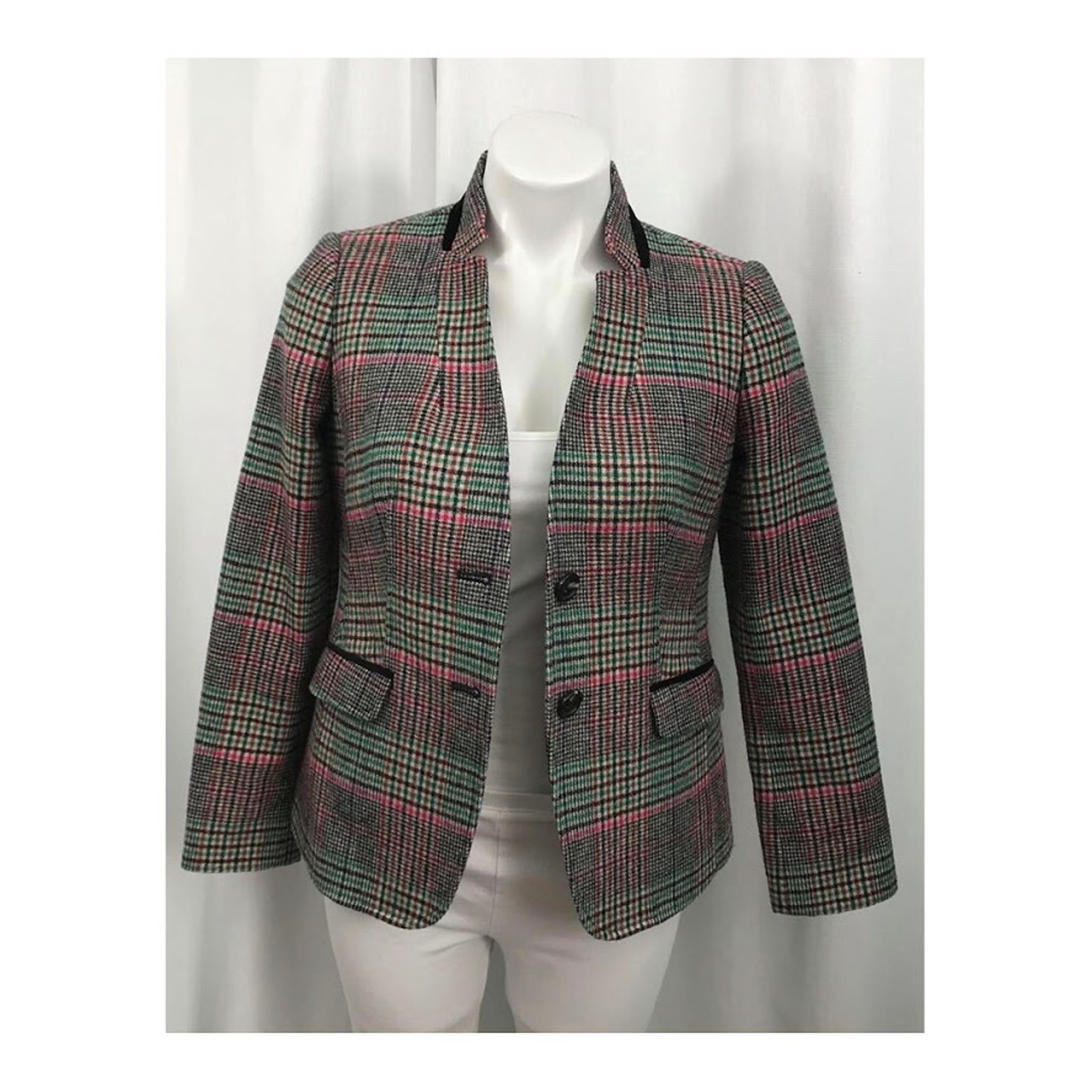 Talbots Blazer Shetland Aberdeen Tipped Vivid Plaid Pattern Notched Collar