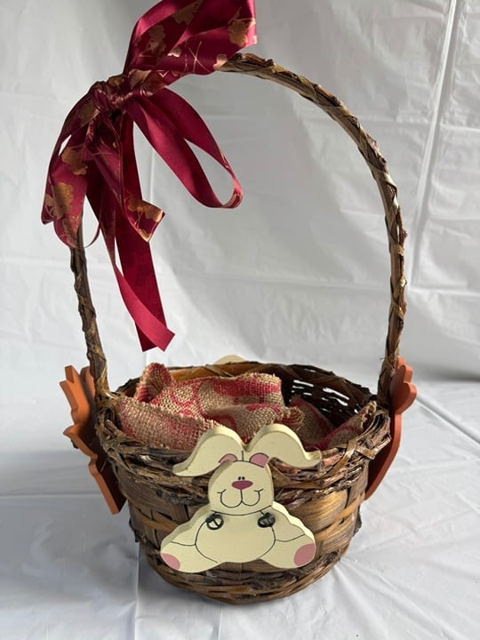 Rustic Easter Basket w/Wooden Shapes, Burgundy Bow & Spring Burlap