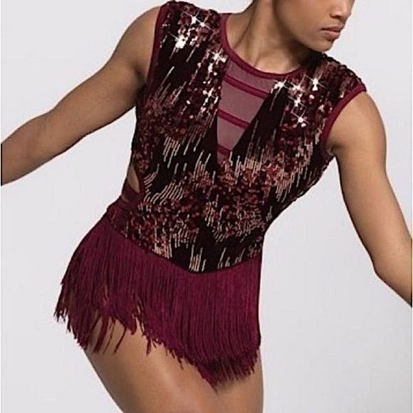 WEISSMAN Elite Dance Costume burgundy red sequin fringe Belong D13198 SA