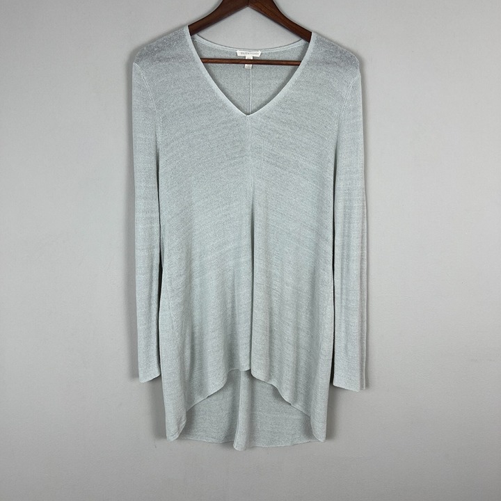 Eileen Fisher Tunic Top Womens Large Gray Linen Nylon Knit V-Neck High Low Hem L