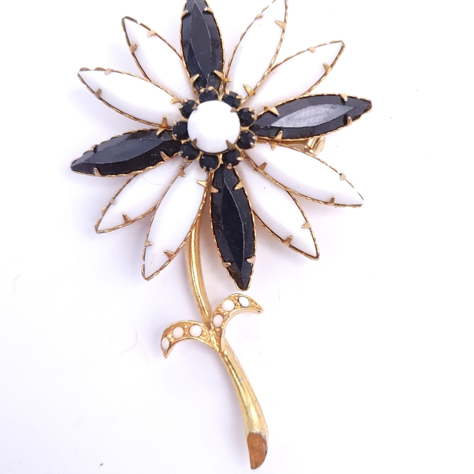 Vintage Brooch Acrylic Flower Stem, Gold Tone White, Riveted, 3.25 Long