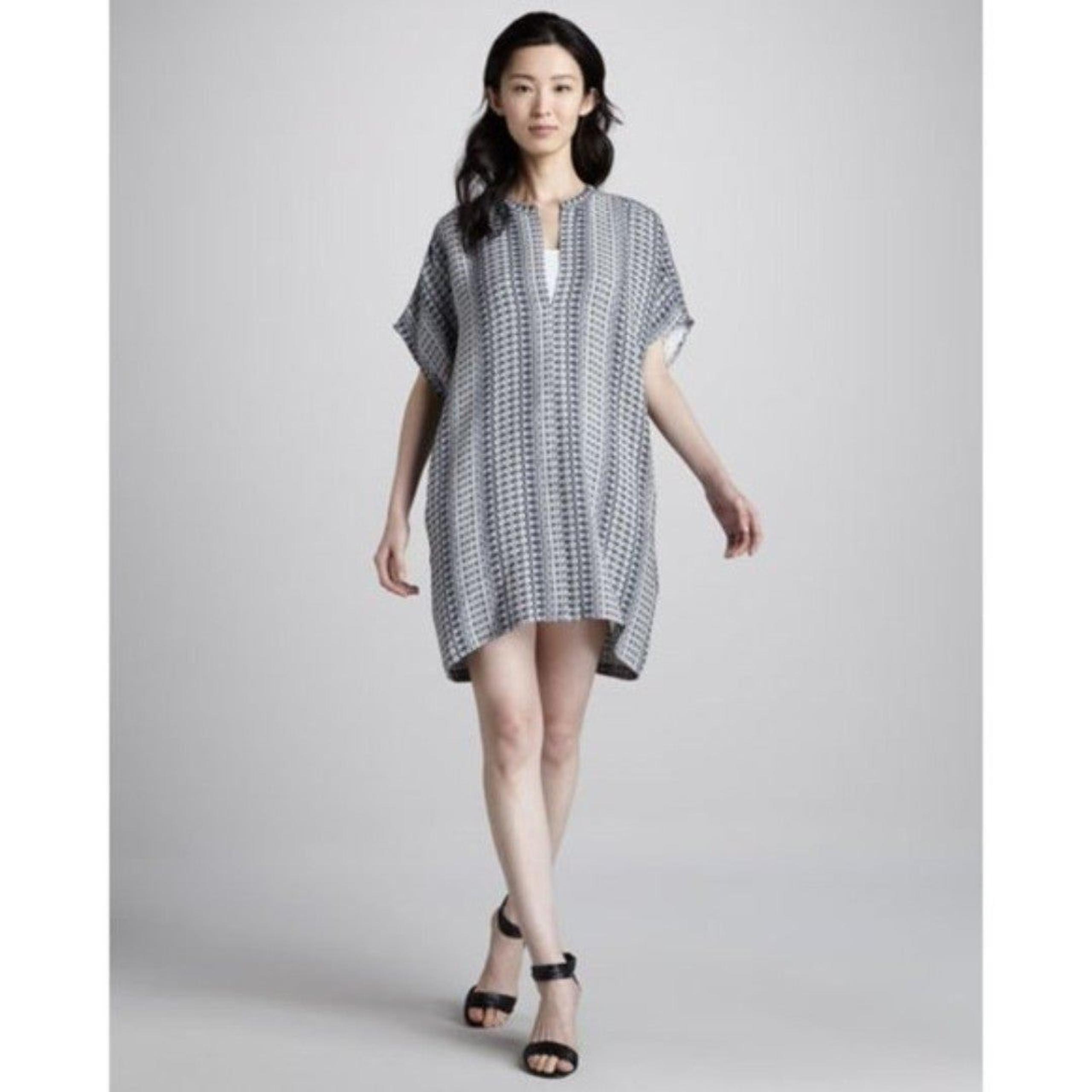 Womens Size Medium Vince Blue Black Cream Printed Pure Silk Tunic Mini Dress