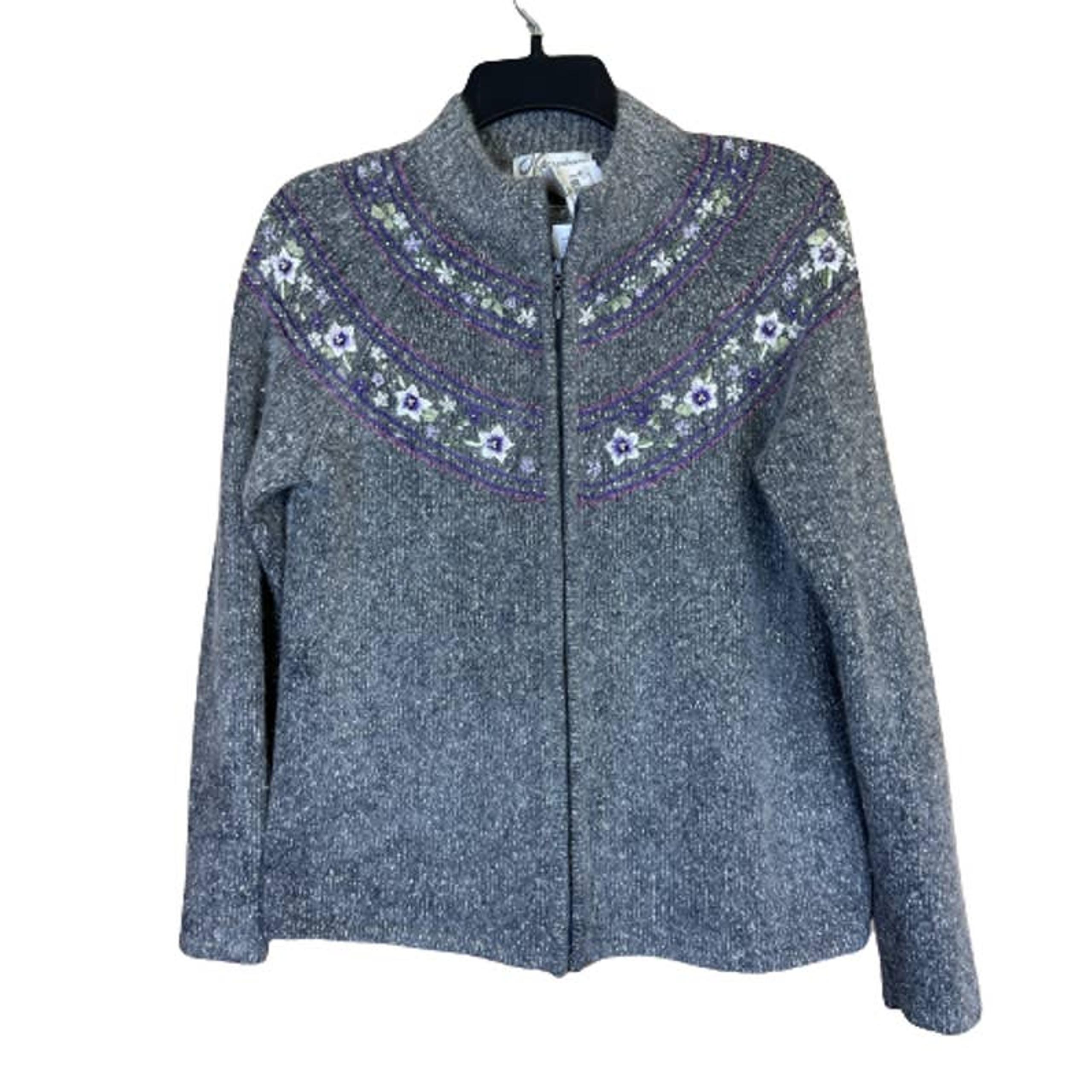 Dress barn Women's Grey Embroidered Silk Full Zip Sweater Jacket - Size Small
