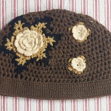 Casual YYBS Brown Crocheted Beanie Hat With Cream Flowers Handmade