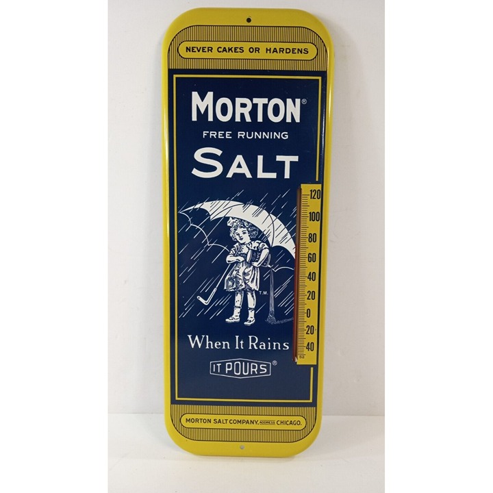 Vintage Morton Free Running Salt Chicago Metal Advertising Thermometer 16” Sign