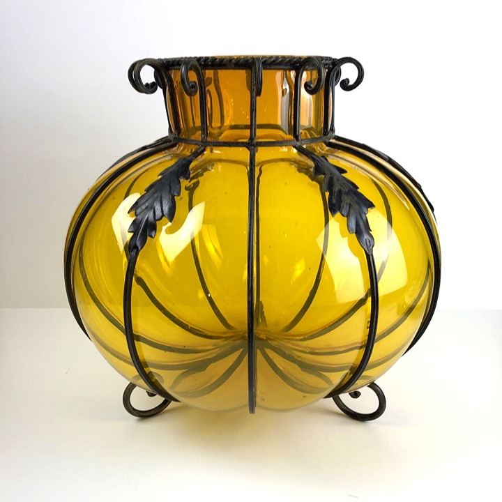 MCM Large Wrought Iron Cage Orange Blown Out Glass Footed Vase 12 H x 12 W