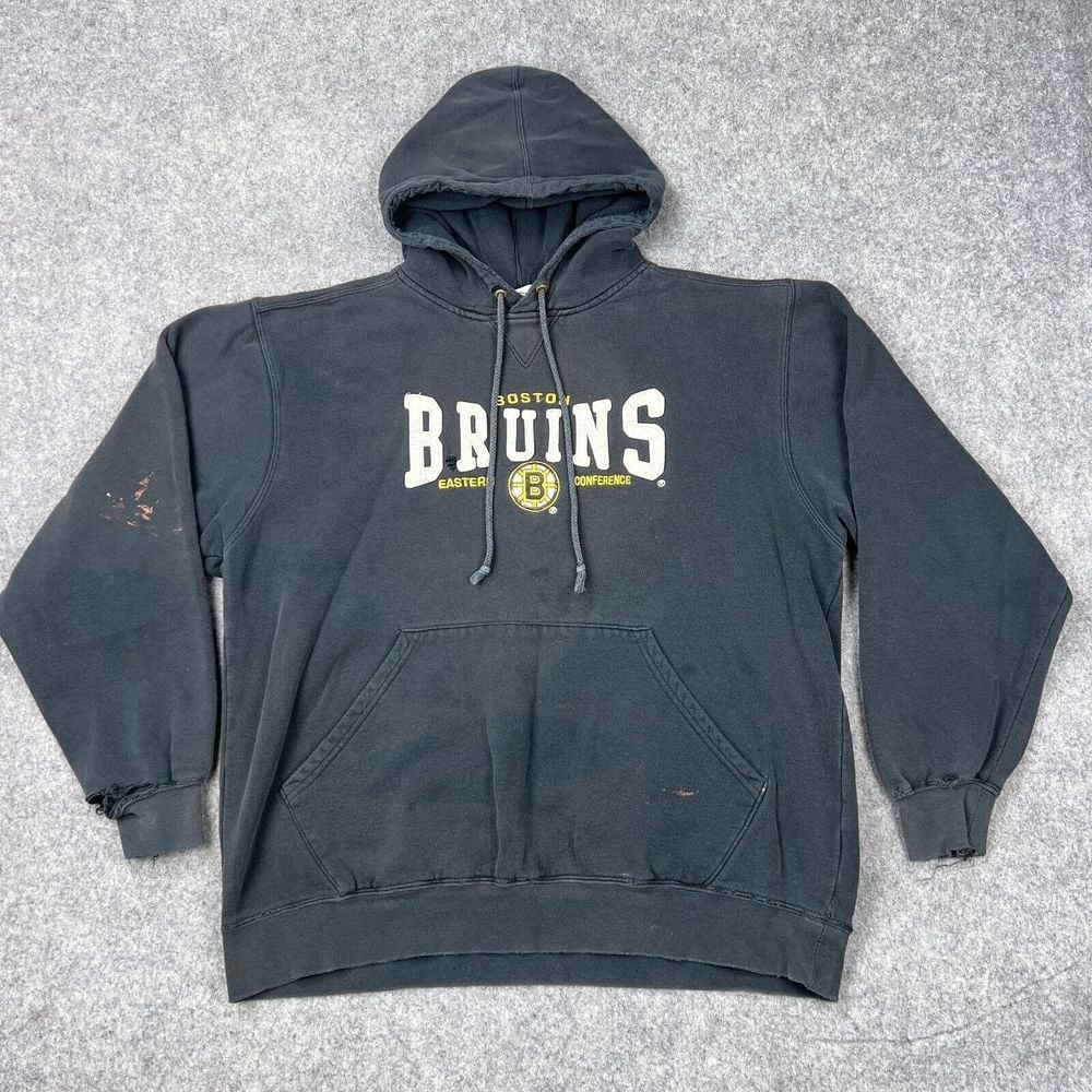 VTG Boston Bruins Hoodie Mens Medium Black Distressed NHL Hockey Lee Sport 90s
