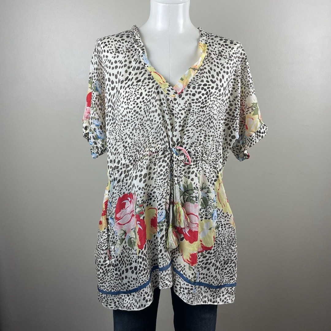 Johnny Was M Animal Print Floral Vneck Silk Tunic Pockets Boho Cinched Waist