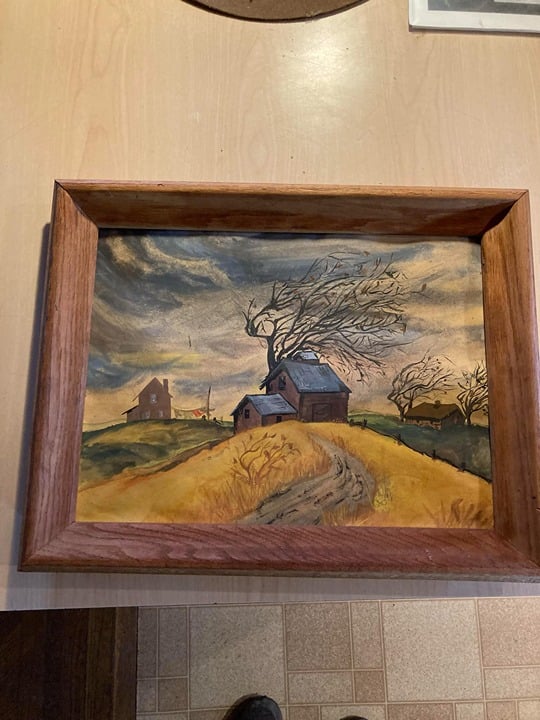 Golden Brown Autumn Landscape Painting from 1962 wooden framed hang up style