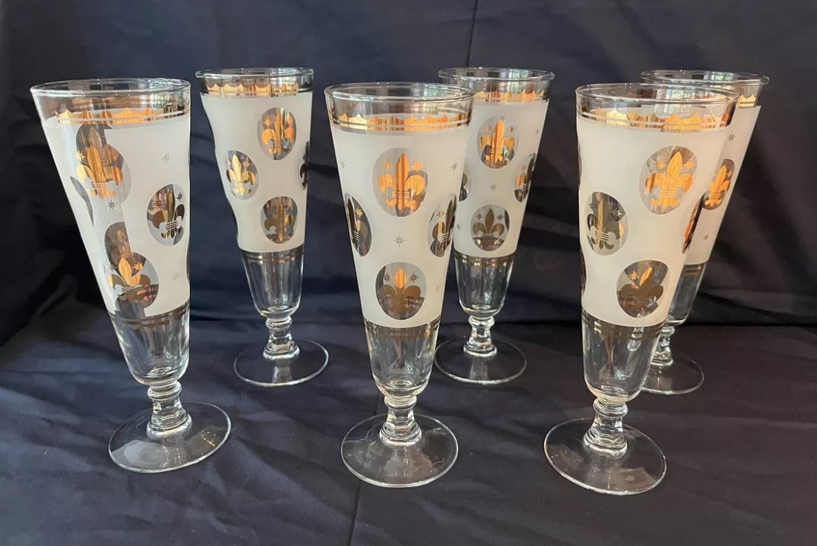 Mid Century Modern Gold Fleur De Lis Pattern Pilsner Glasses