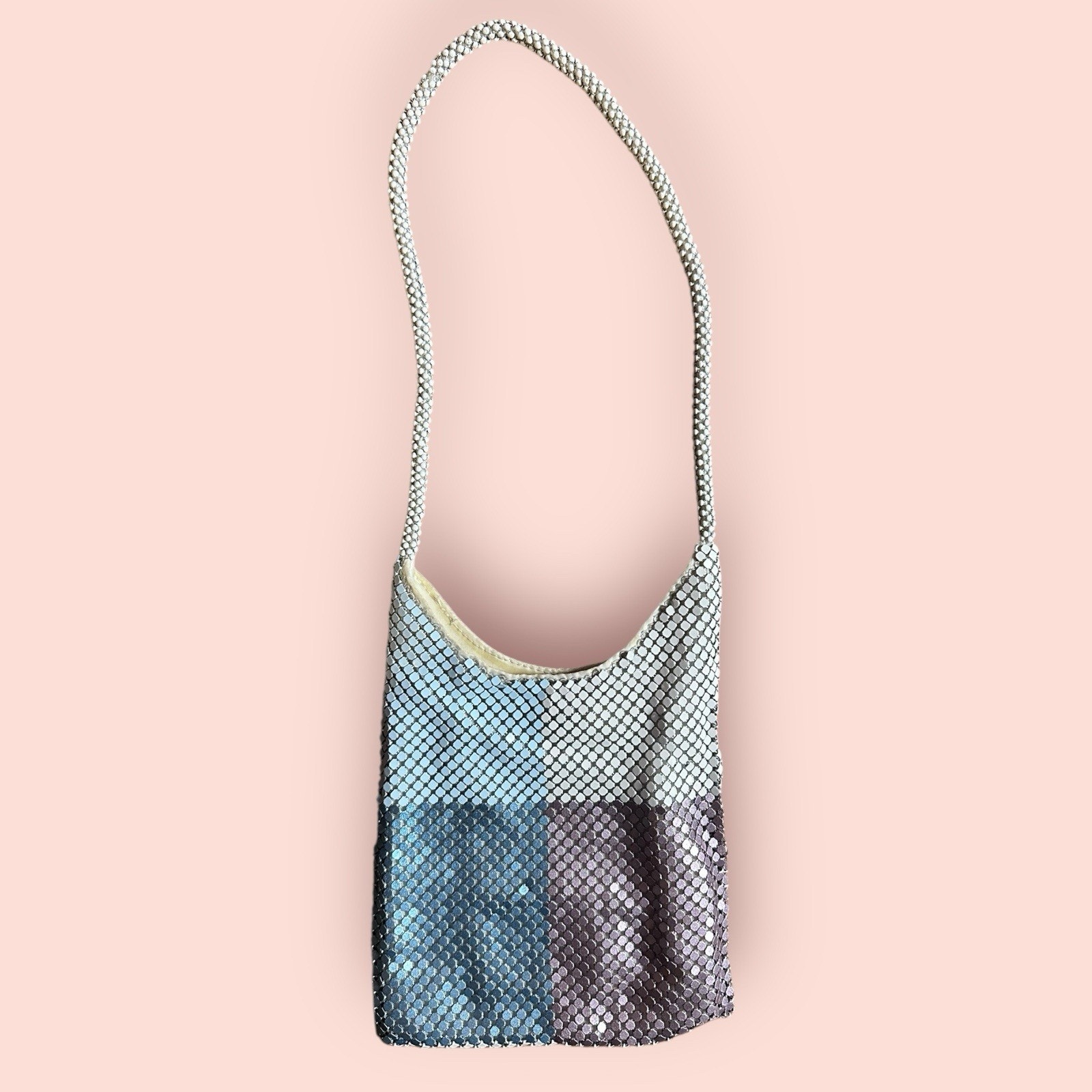 Vtg Metal Mesh Handbag Small Micro Shoulder Purse Color Block Pastel Metallic