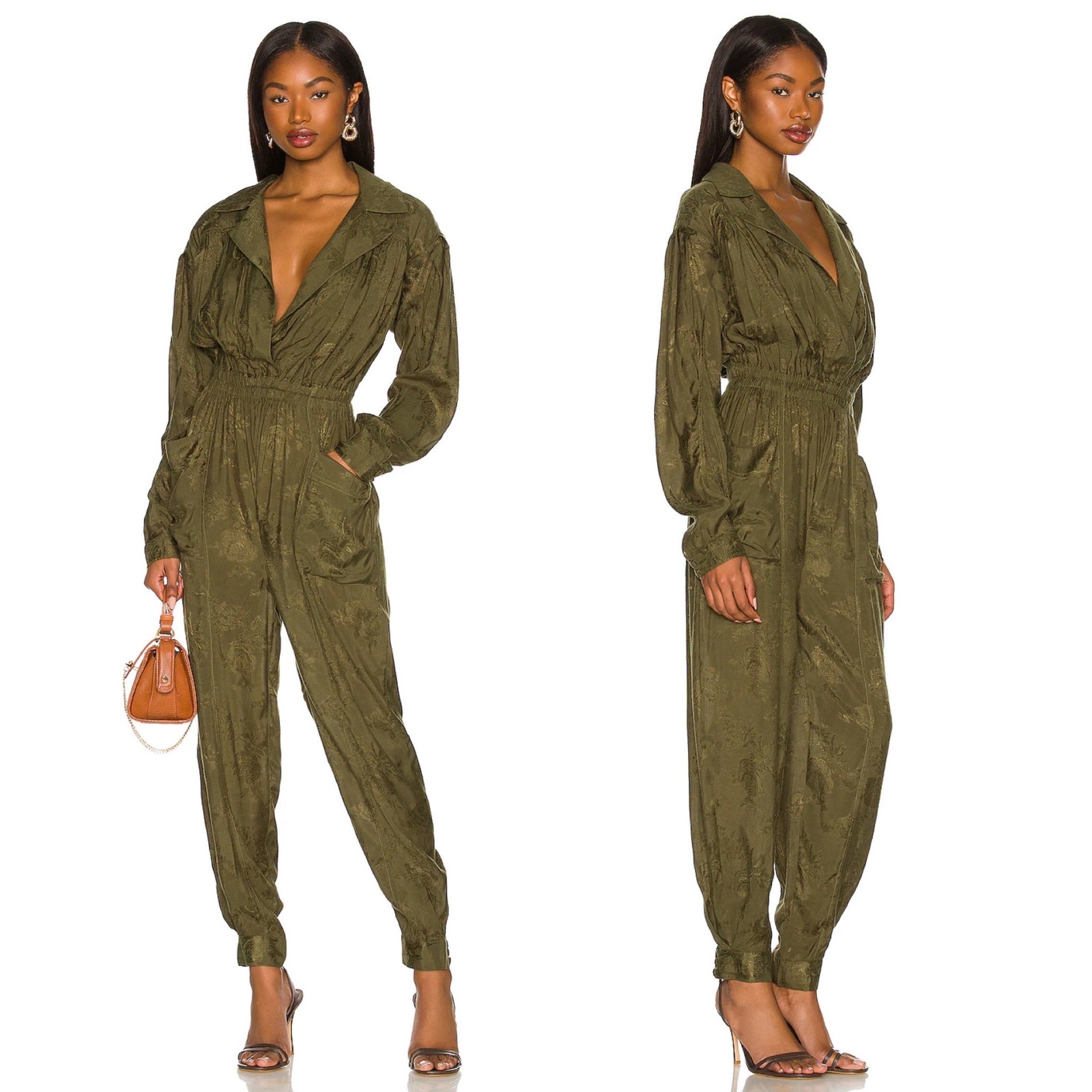 Tularosa Marley Jumpsuit Olive Green Floral Jogger Jacquard Sz XS Collared