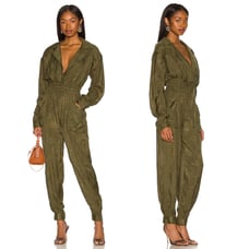 Tularosa Marley Jumpsuit Olive Green Floral Jogger Jacquard Sz XS Collared
