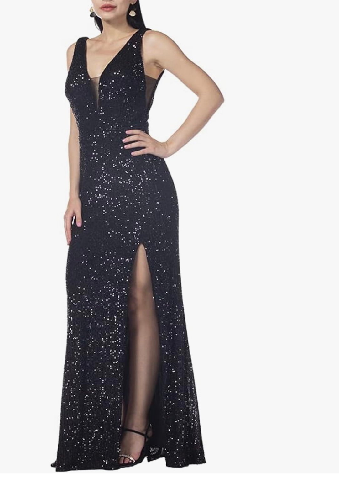 New- Women Sequin V Neck V Back Maxi Bodycon Elegant Sling Slit Train Dress with