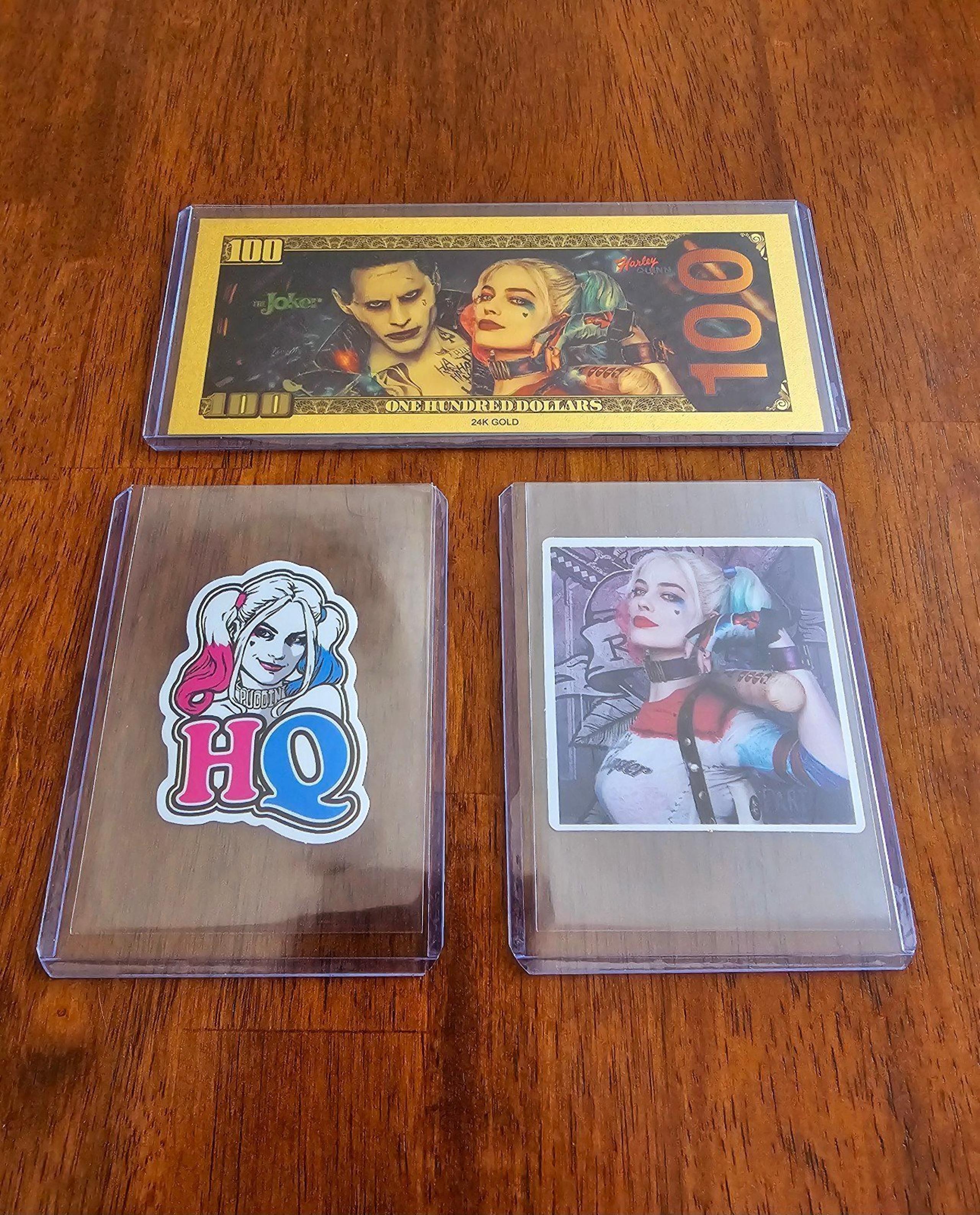 Dc comics Harley Quinn vinyl stickers and fandom collectible gold foil banknote
