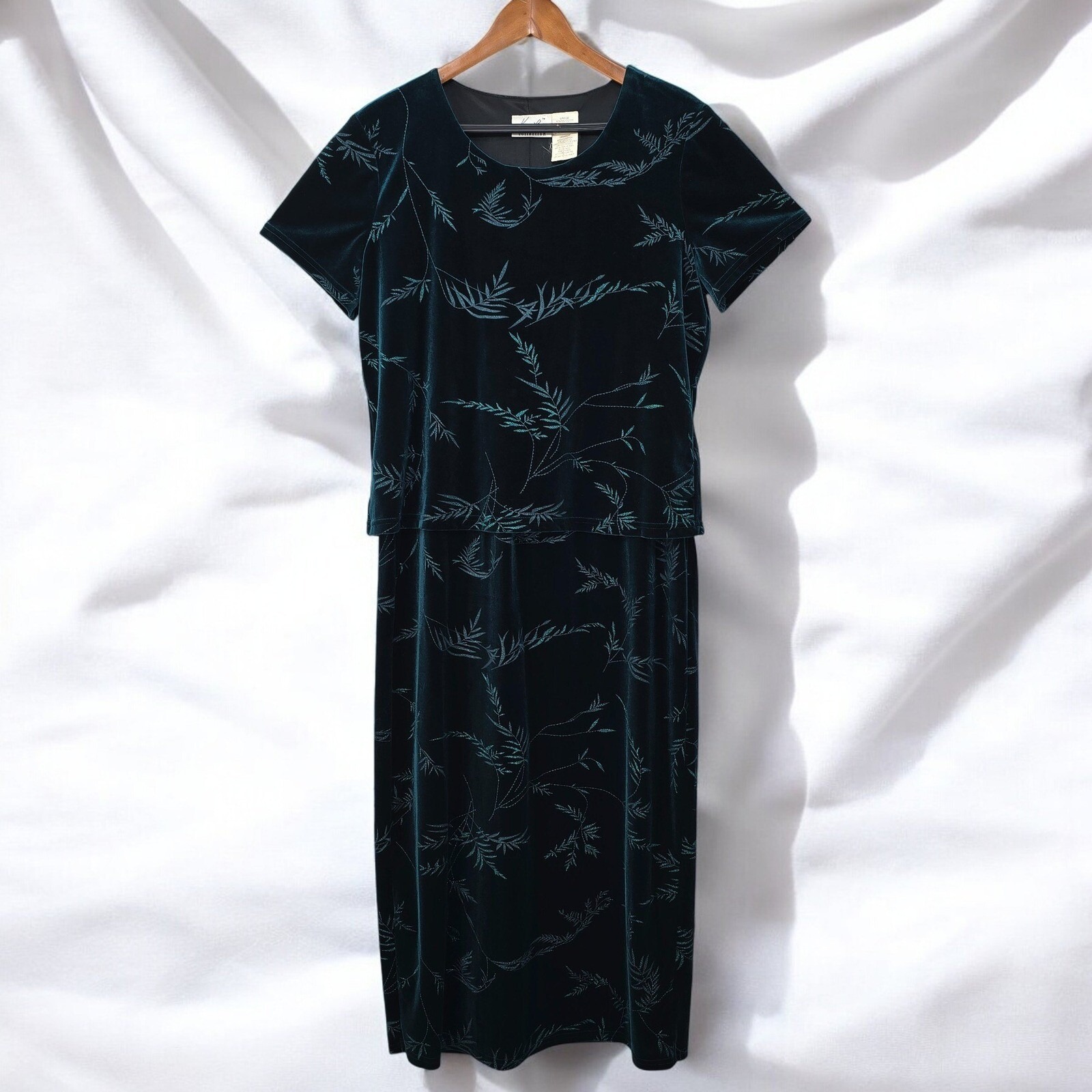 Kathie Lee Velvet Dress Woman Large Teal Floral Maxi Short Sleeve Evening Retro