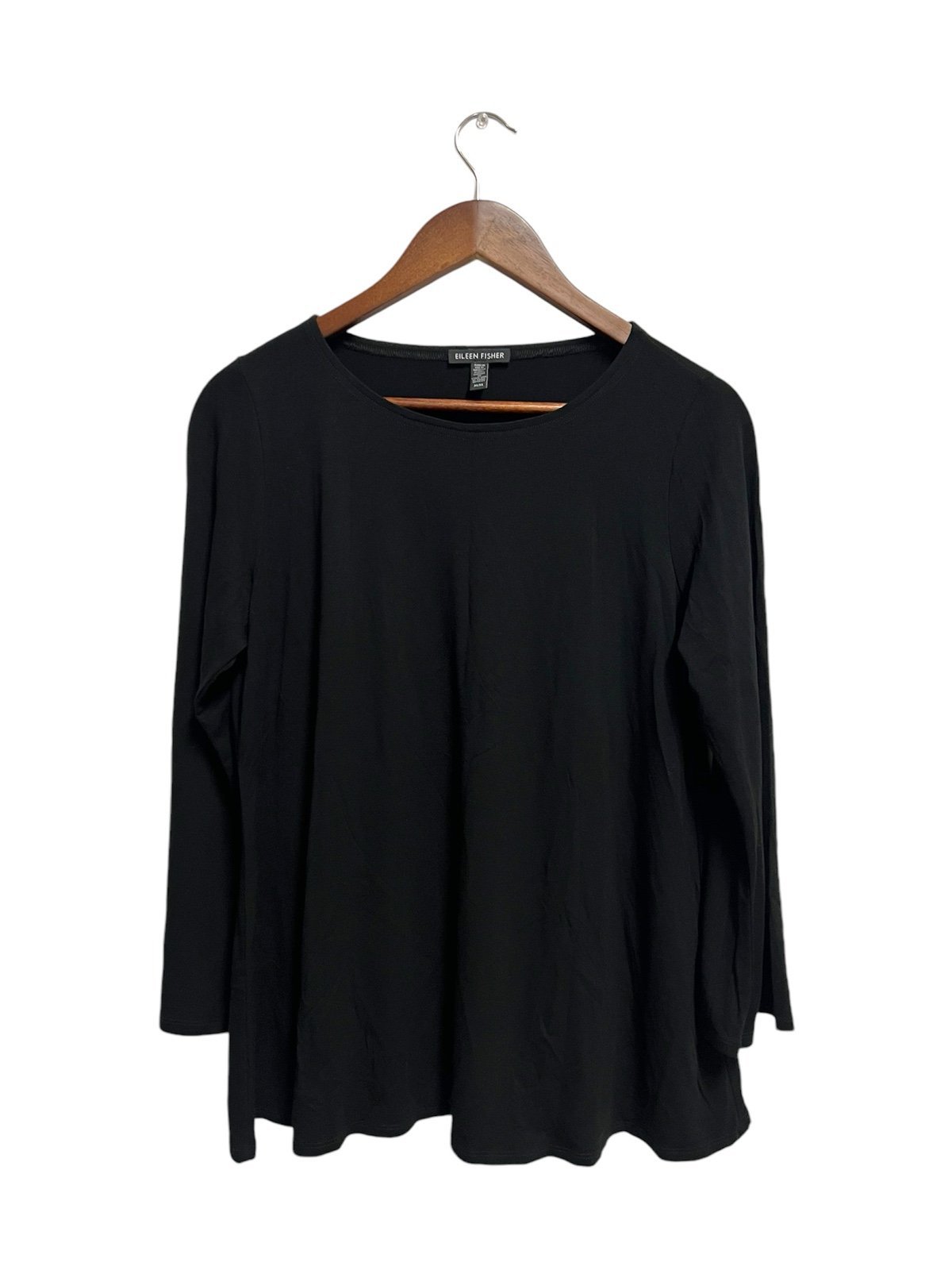 Eileen Fisher Black Long Sleeve Round Neck Side Slit Tunic Top Size Medium