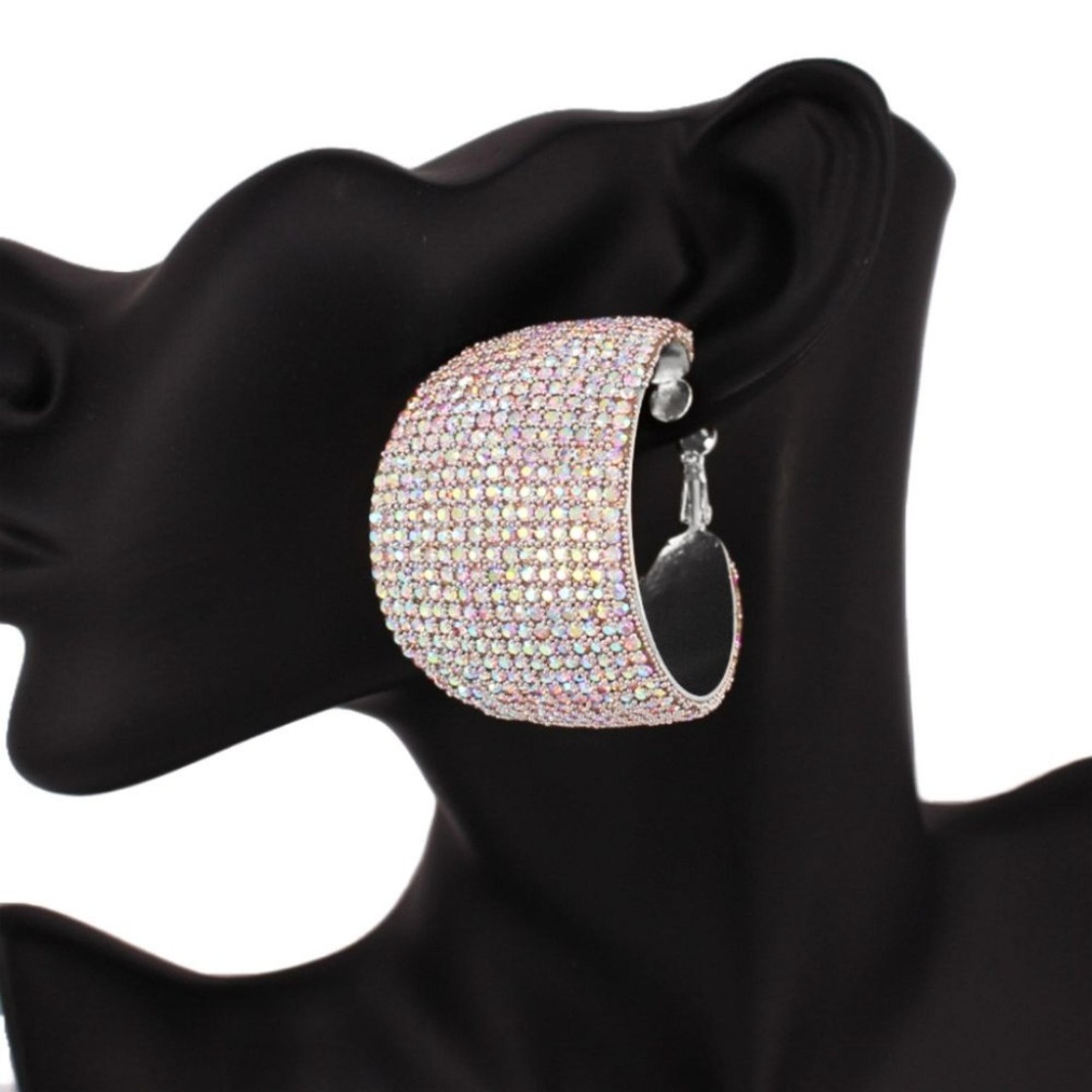 Abalone Crystal Hoop Earrings Wide Bold 1.75" Trend Fashion Statement Accessory