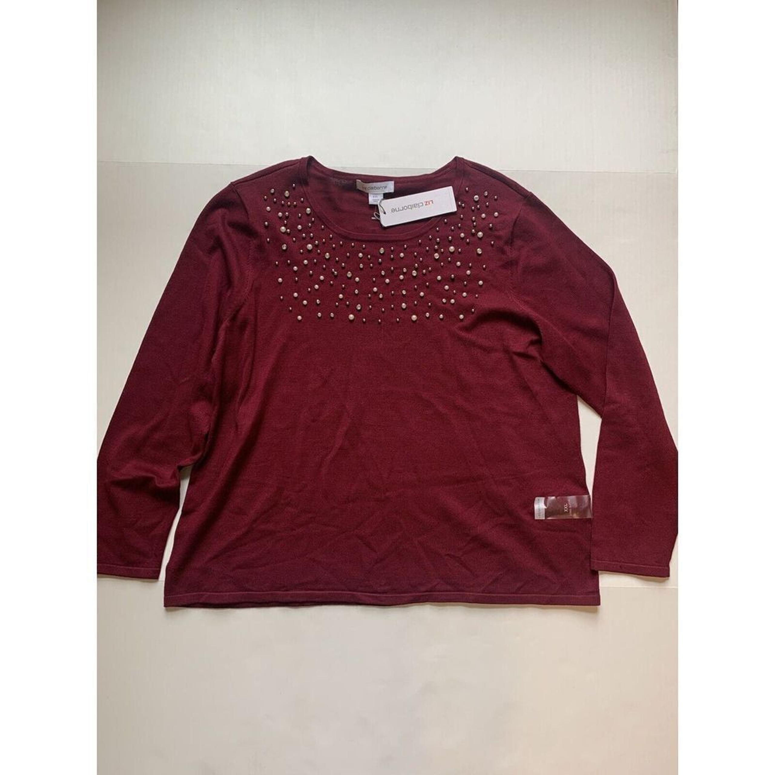 Liz Claiborne Scoop Neck Long Sleeve Pullover Sweater Size XXL Pearl/Rhinestone