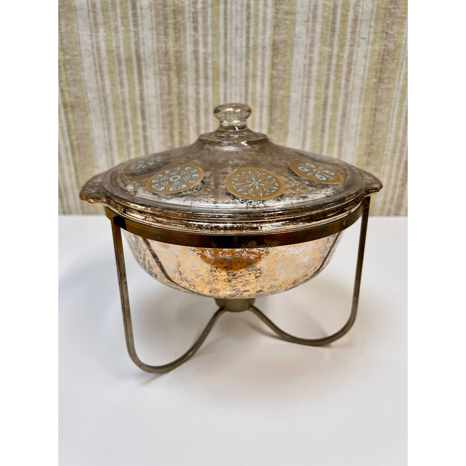 Vintage Fire King Georges Briard Gold Turquoise Medallion Covered Dish w Stand