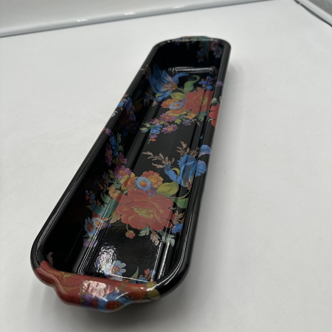 MACKENZIE-CHILDS Flower Market Black Enamel Baguette Dish 18x5x1.75” Excellent