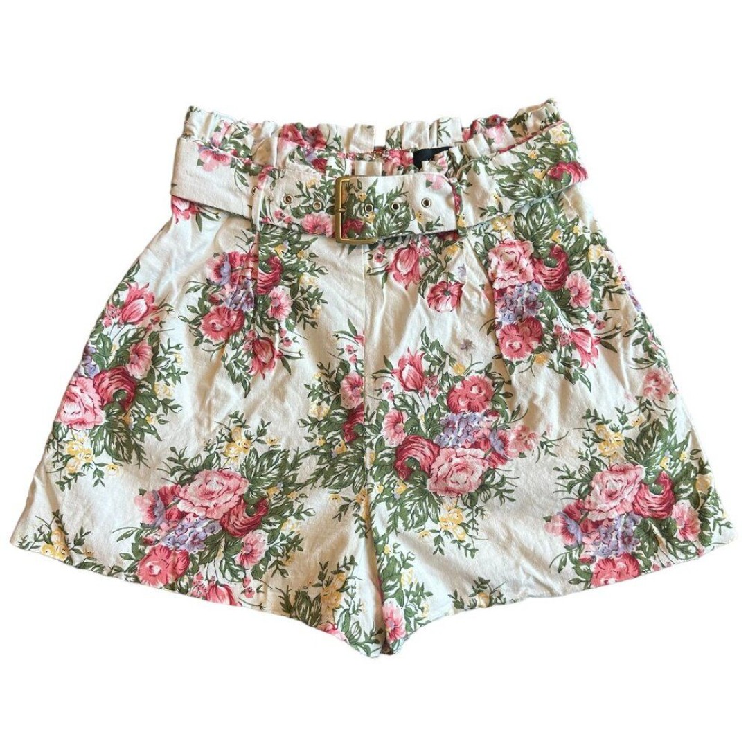 Majorelle Floral Print Shorts Linen Blend w/ Belt Ivory Stretch Size Small Women