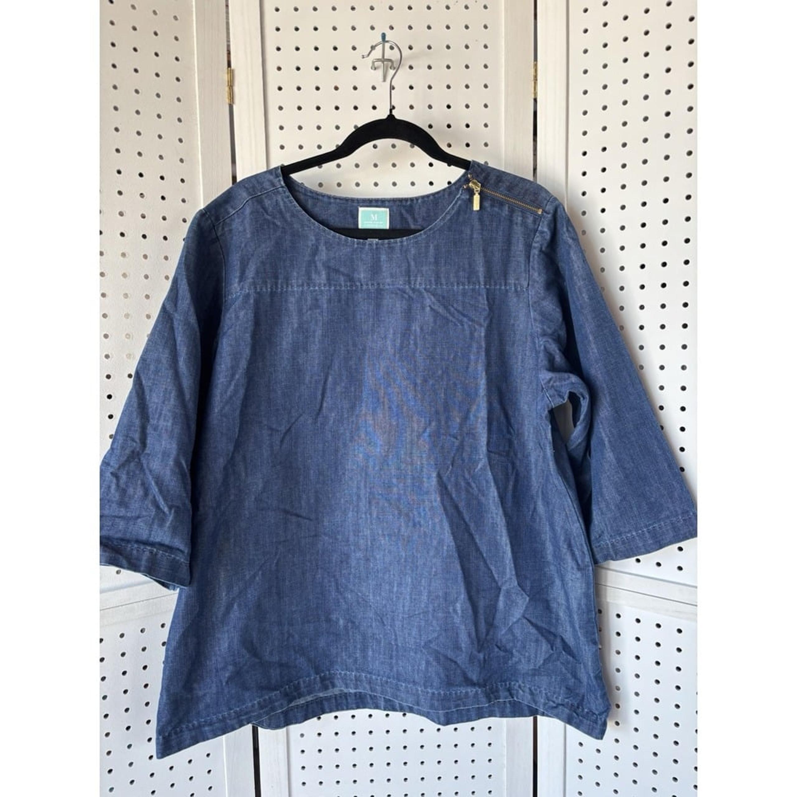 Martha Stewart Everyday Women's Tunic Top 3/4 SLV XL Blue Denim Shoulder Zipper