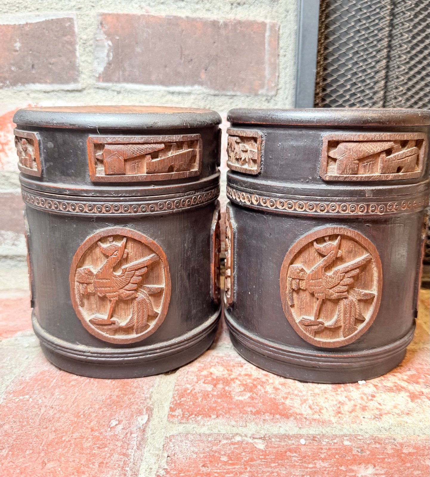 Antique Chinese Japanese Carved Wood Tea Caddy Brush Holder
