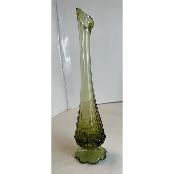 Vintage green FENTON Glass Swung Vase Pedestal Cabbage Rose Pattern Base 11”