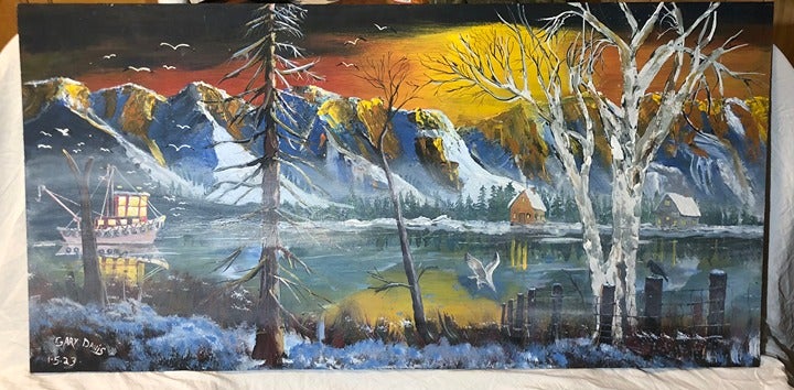 Cabin in Mountains and a barge painting