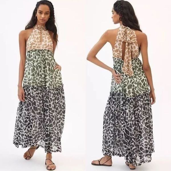 Maeve Anthropologie Tiered Keyhole Halter Maxi Dress size Medium