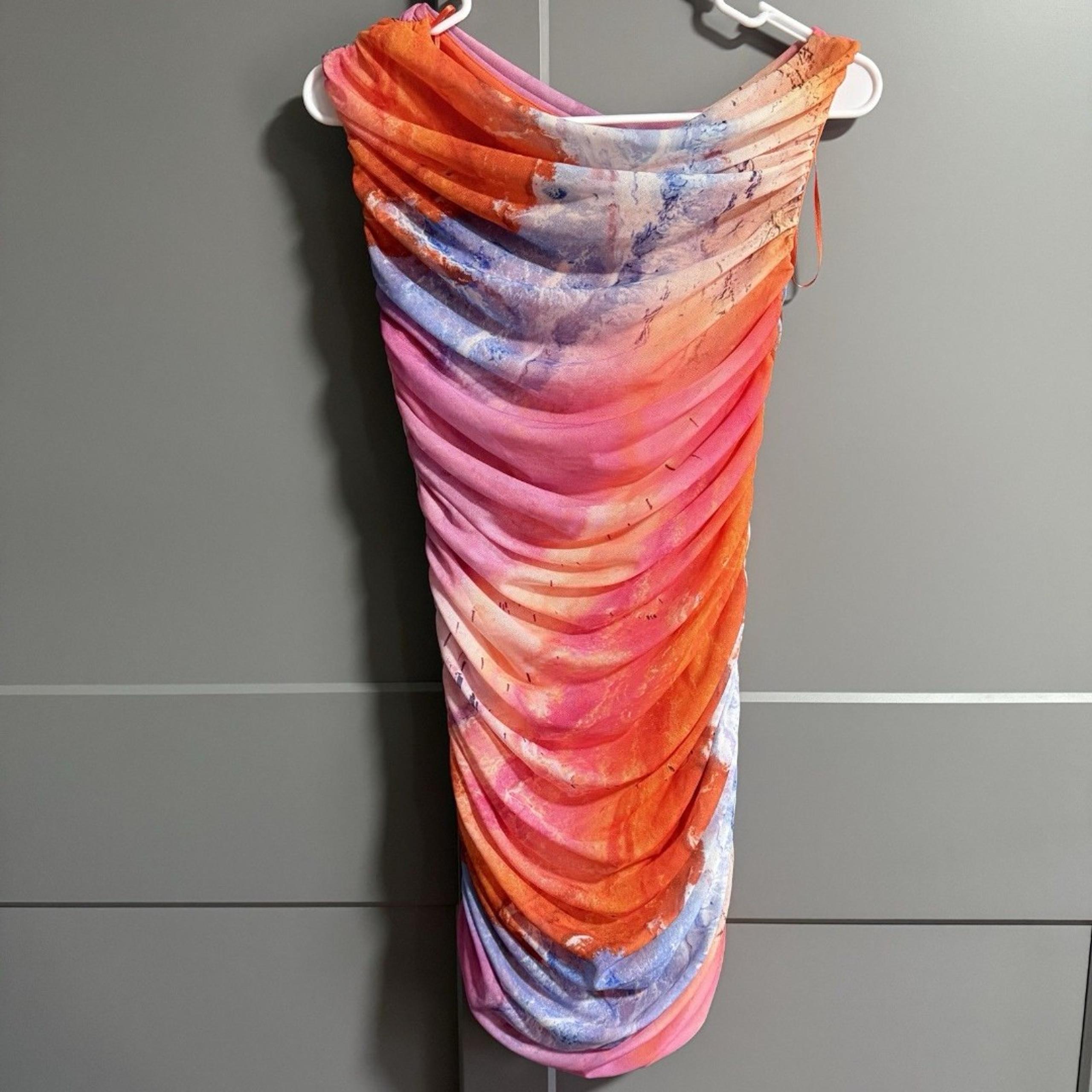 Zara Women Off The Shoulder Ruched Bodycon Watercolor Print Tulle Mini Dress Med