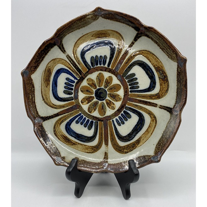Vintage MCM Ken Edwards Lotus Dinner Plate 10” Pottery Mexico Blue Brown Beige
