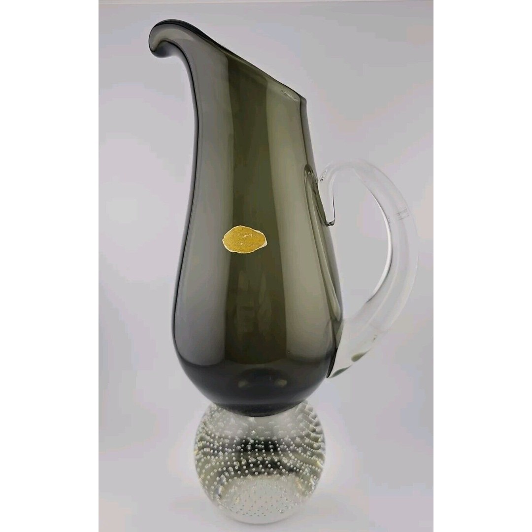 Vintage Carl Erickson Controlled Bubble Glass Olive Green Smoke Grey Pitcher
