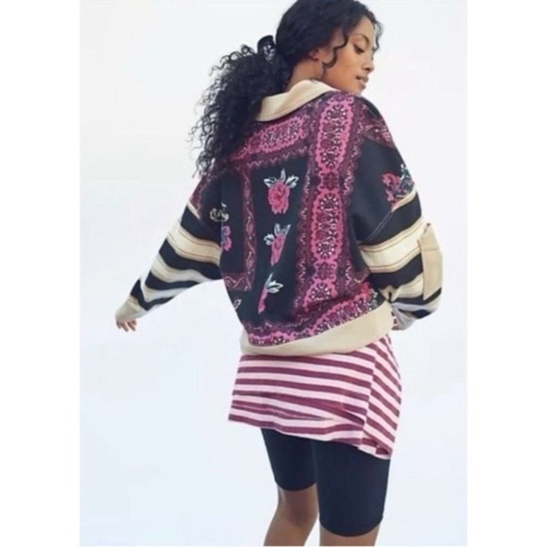 FP Movement Overlapped Floral Printed Sweat Shirt Sz M French Terry Black/Pink