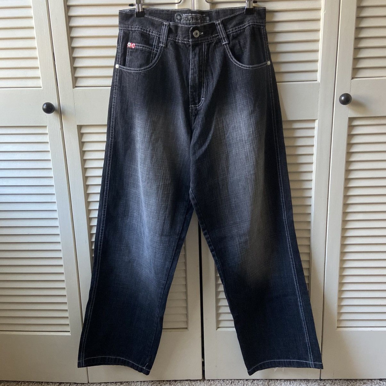 VNTG Y2K SouthPole Red Tab Black Denim Jeans Baggy Wide Leg Faded Pants Size 30