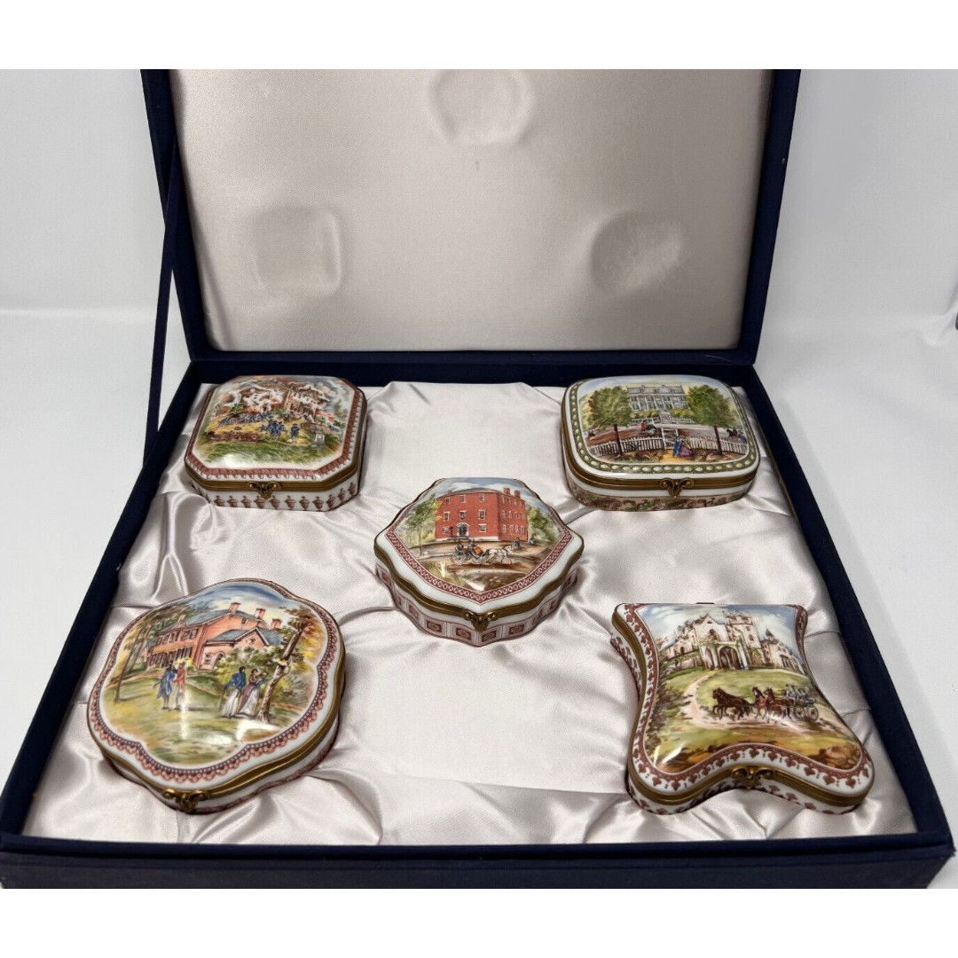 National Trust Porcelain De Paris Complete Collection 5 Trinket Boxes Pill #1108