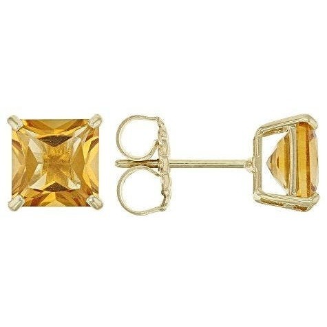 14k Yellow Gold 3.60Ct Natural Princess Cut Citrine Square Stud Earrings
