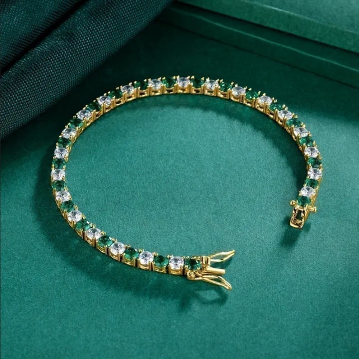 Mens 14K Gold 2ct Green Emerald Gemstone Diamond Tennis Bracelet 8 inch Jewelry
