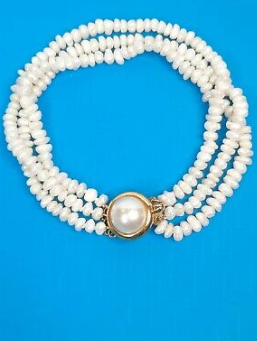 3 Strand Baroque Rice Pearl Bracelet 8.5