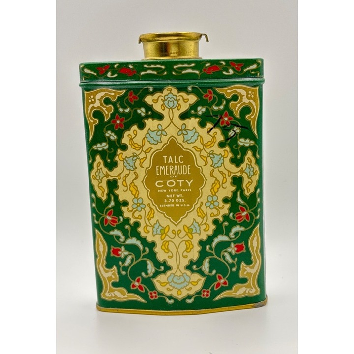Vintage Coty Talc Emeraude Tin With Ornate Design & Gold Cap 3.70 oz