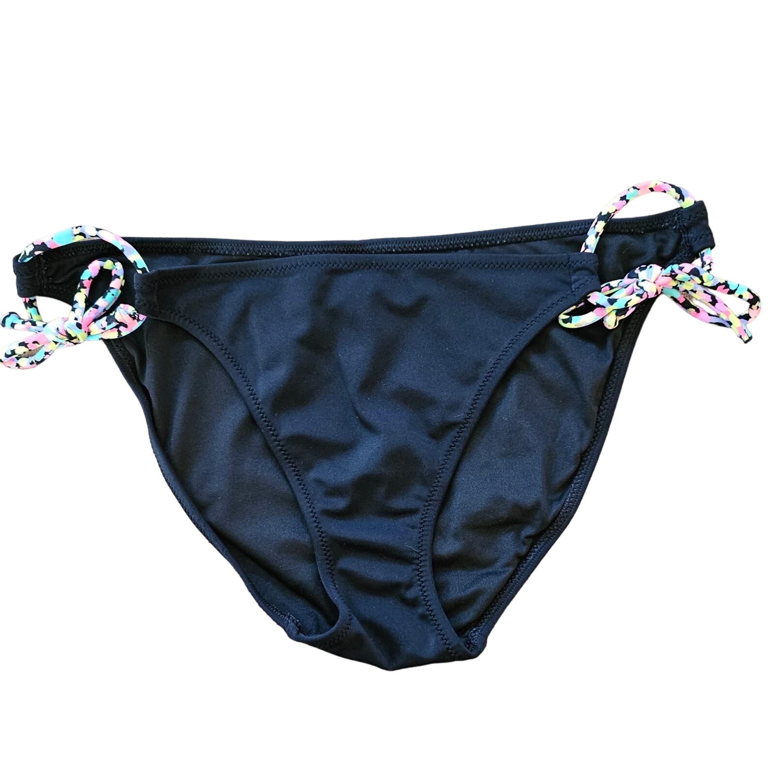 Victoria’s Secret Swim Black Bikini Bottom Size S Multicolor Side Tie Accent EUC