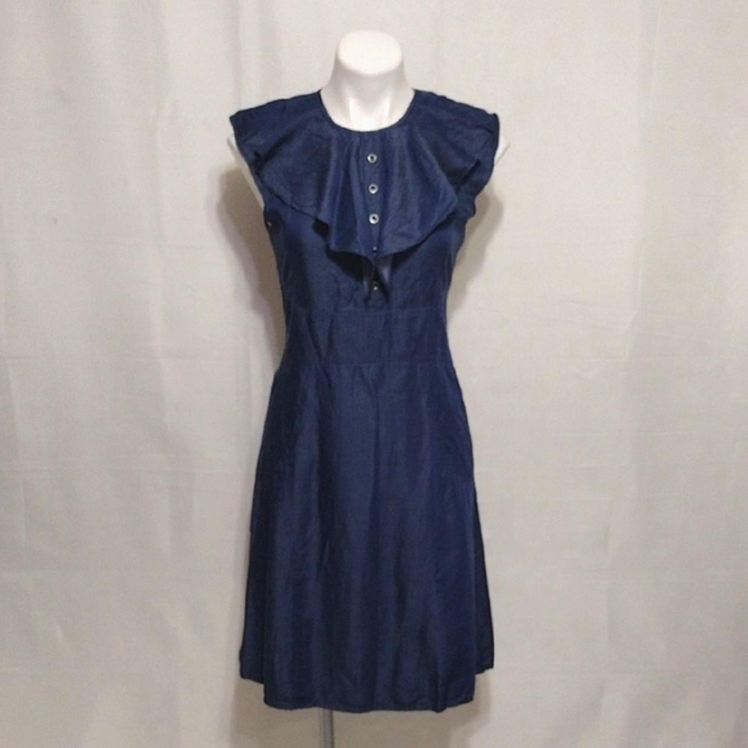 Nanette Lepore Lightweight Tencel Chambray Ruffle Detail Blue Denim Dress Size 4