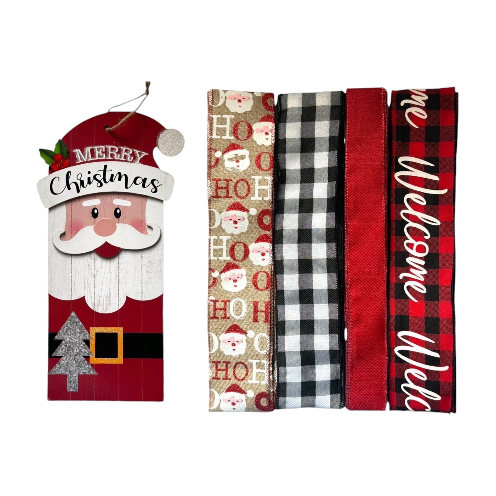 Santa Merry Christmas Wreath Kit | Buffalo Check Holiday Sign & Ribbon Bundle