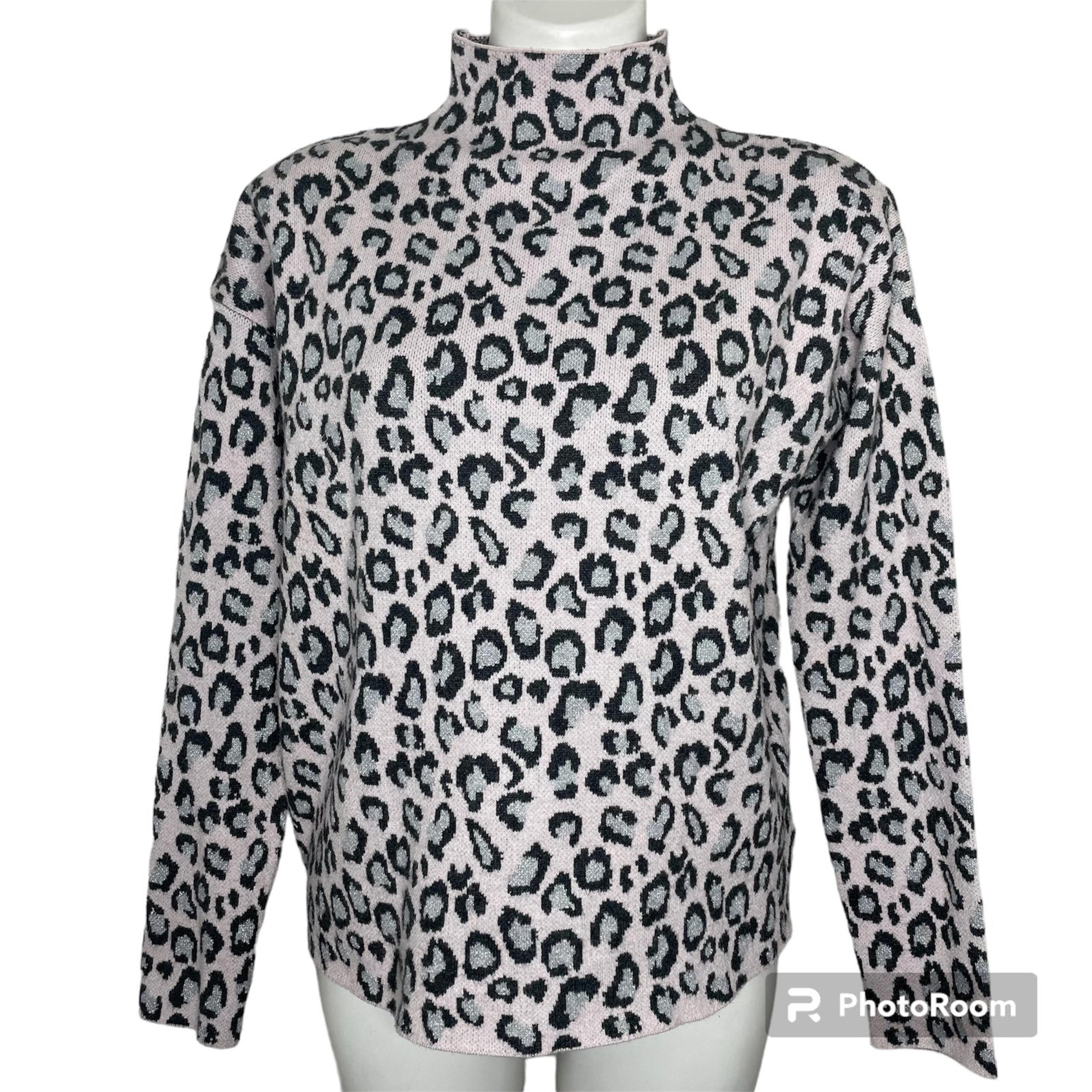 Cynthia Rowley Leopard Sweater M Soft Lilac Purple Silver Black Mock Neck