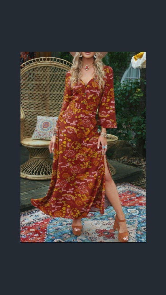 Floral Print Side Slit Buttons V Neck Maxi Dress-6464817462